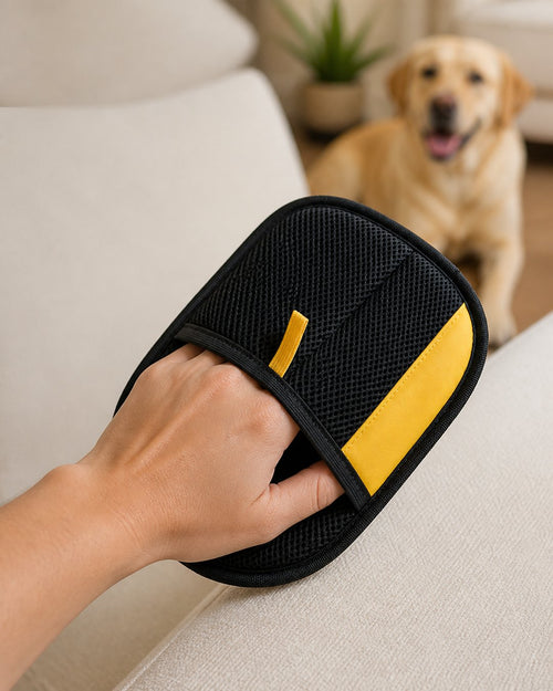 Il panno-guanto indossato sulla mano mentre raccoglie i peli dal bracciolo di un divano chiaro, con un labrador sullo sfondo