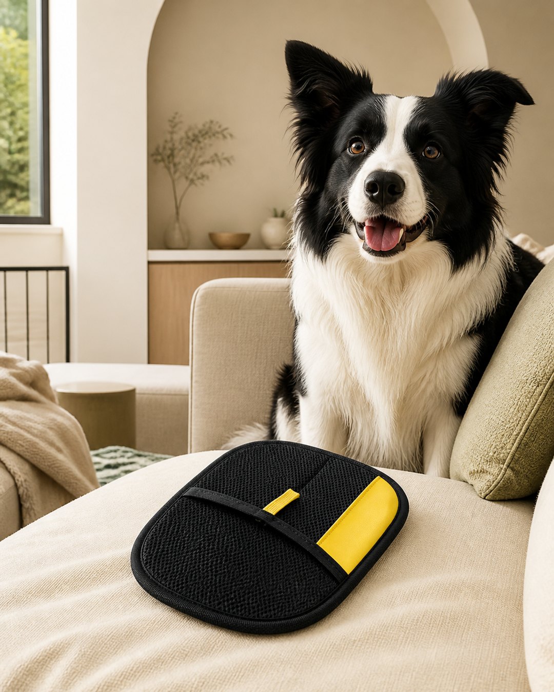 Il panno-guanto appoggiato sul divano di un soggiorno, con un border collie seduto dietro